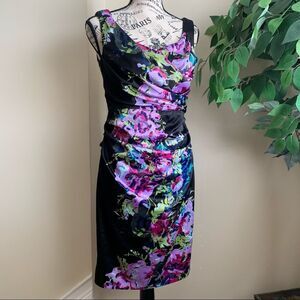 Suzi Chin for Maggy Boutique Satin Floral Sheath Dress Purple Black Sz 4